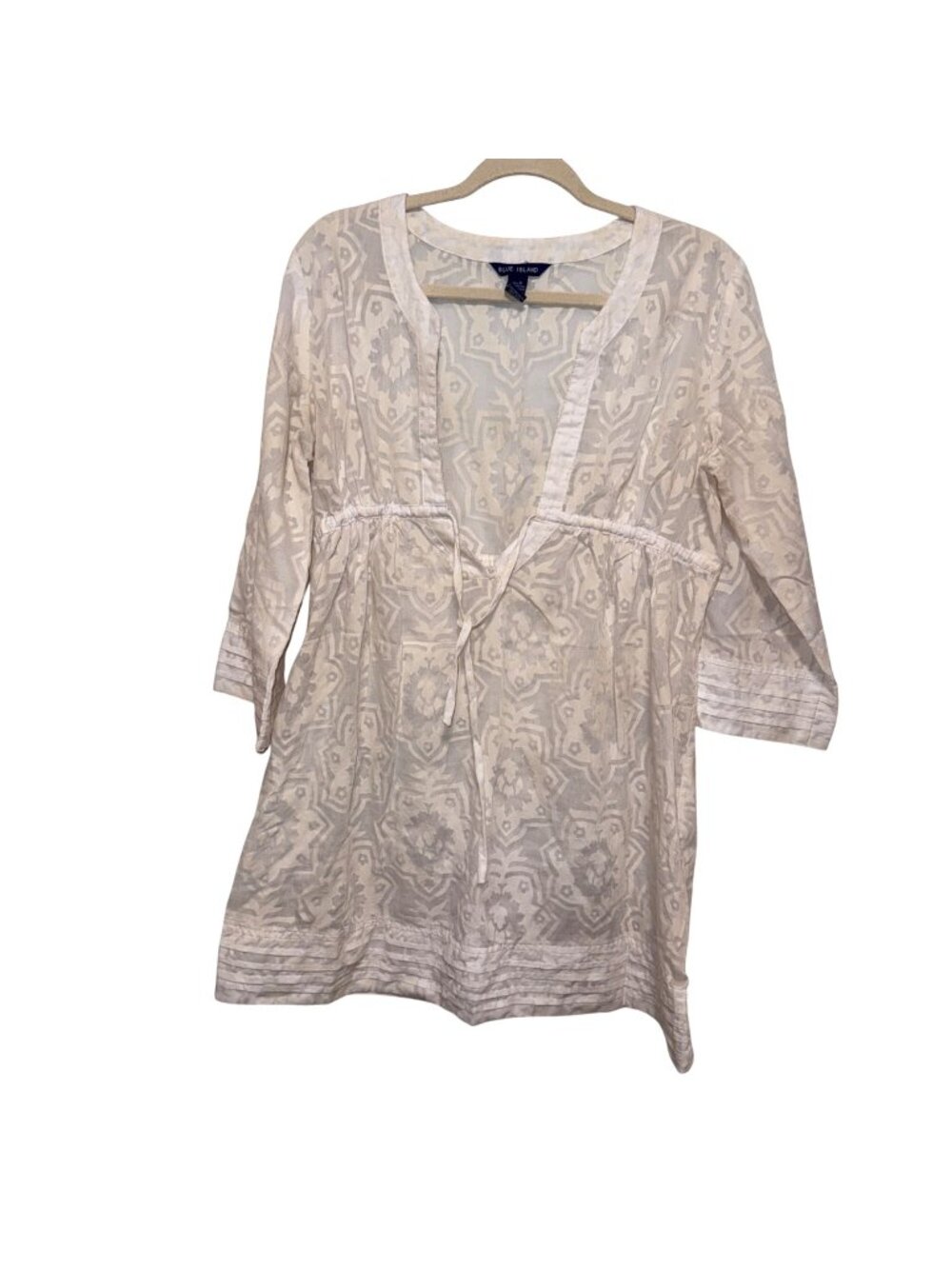 Blue Island Womens Sheer Tunic Top Size M Beige/White 3/4 Sleeve Cover-Up